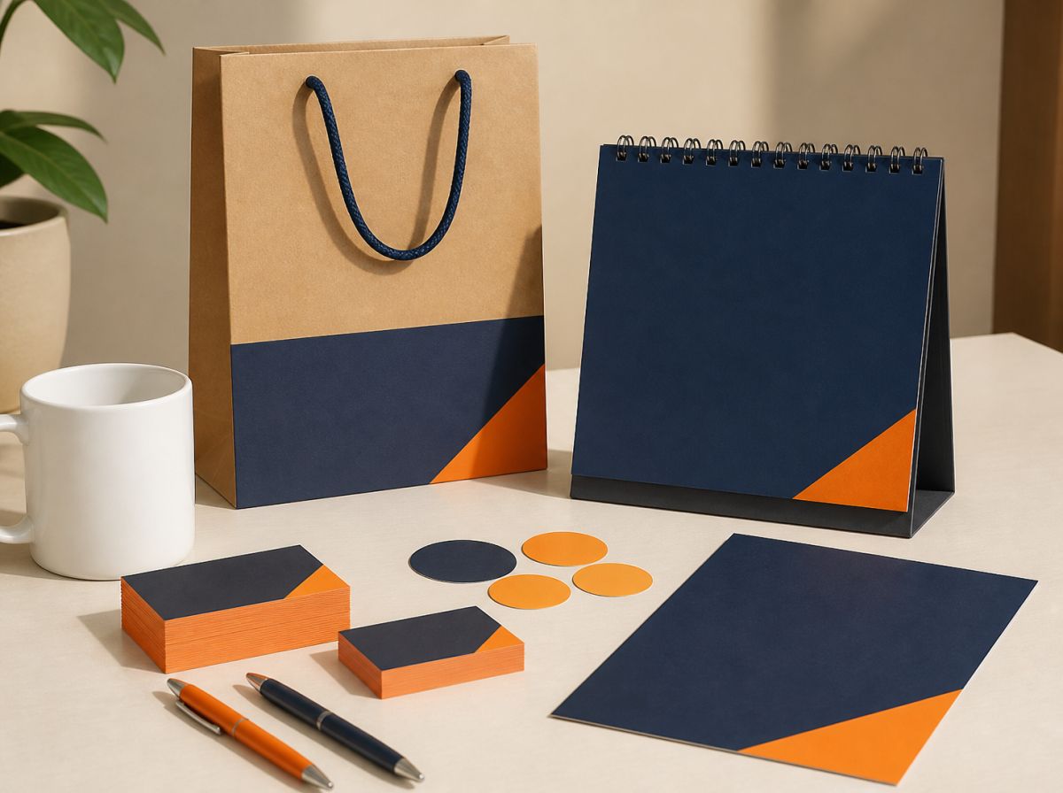 Conjunto de impressos corporativos: cartões de visita, sacola kraft, calendário de mesa, adesivos e caneca